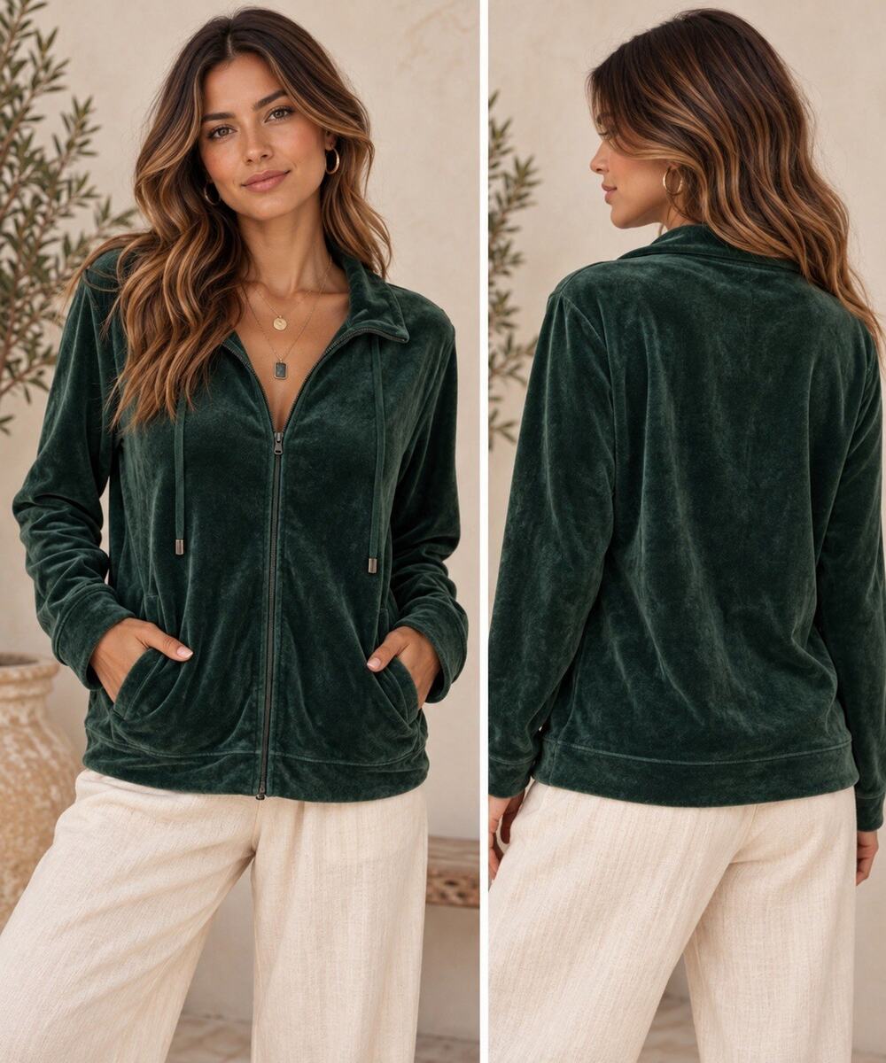Talbots Luxe Velour Jacket XL Forest Green Full Zip Velvet Soft Athleisure